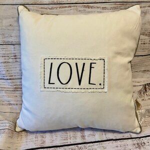 Rae Dunn 20 Inch Square White Feather Accent Pillow Gray Trim Stitched LOVE NWT